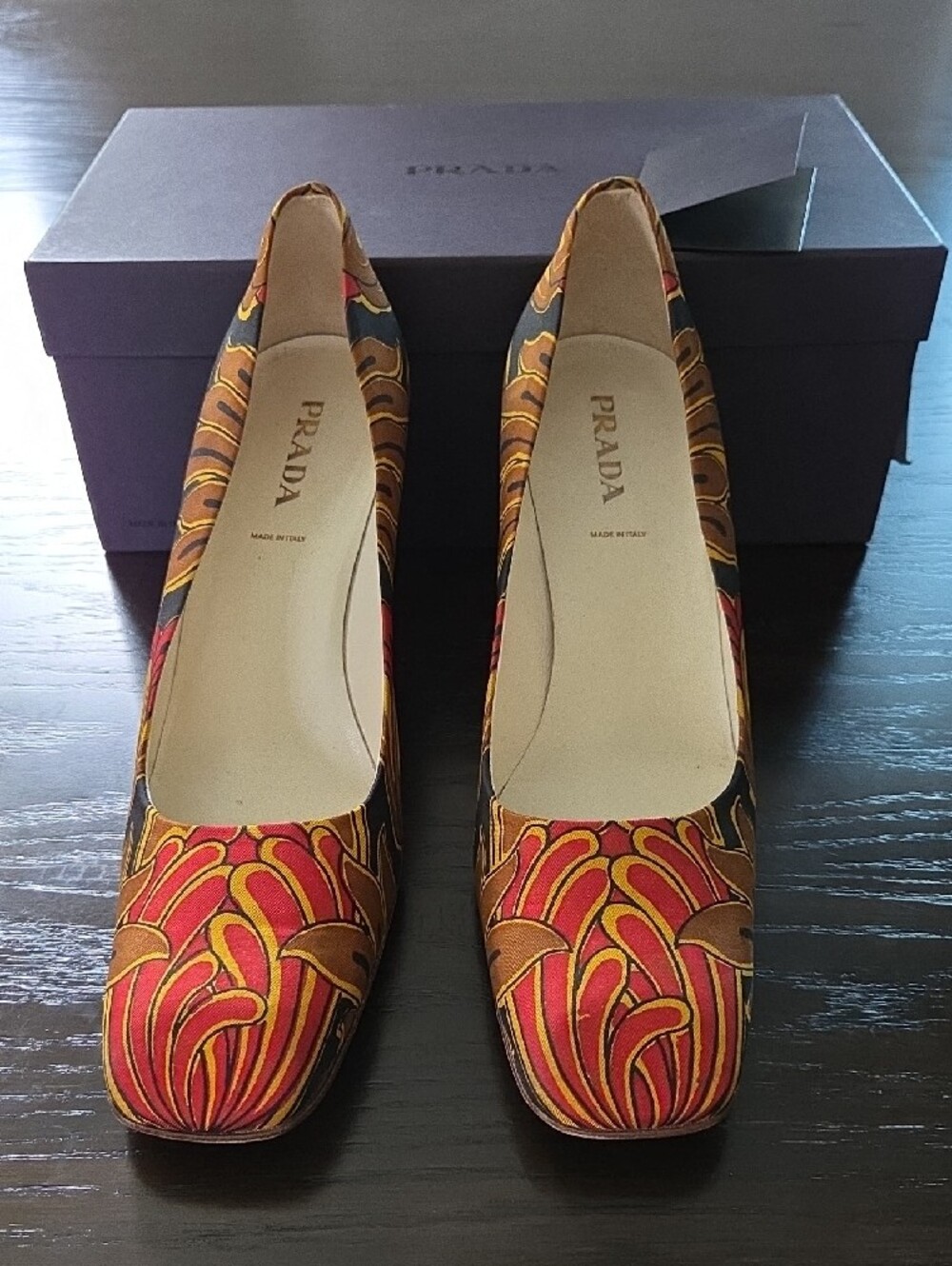 Prada Multicolor Floral Block Heel Pumps - Red, Brown, Gold - Picture 2 of 8